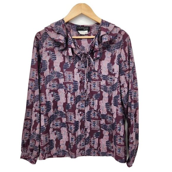 Vintage Givenchy Sport Button Front Blouse Ruffles Paisley Aztec Print Size 16 - Picture 1 of 3